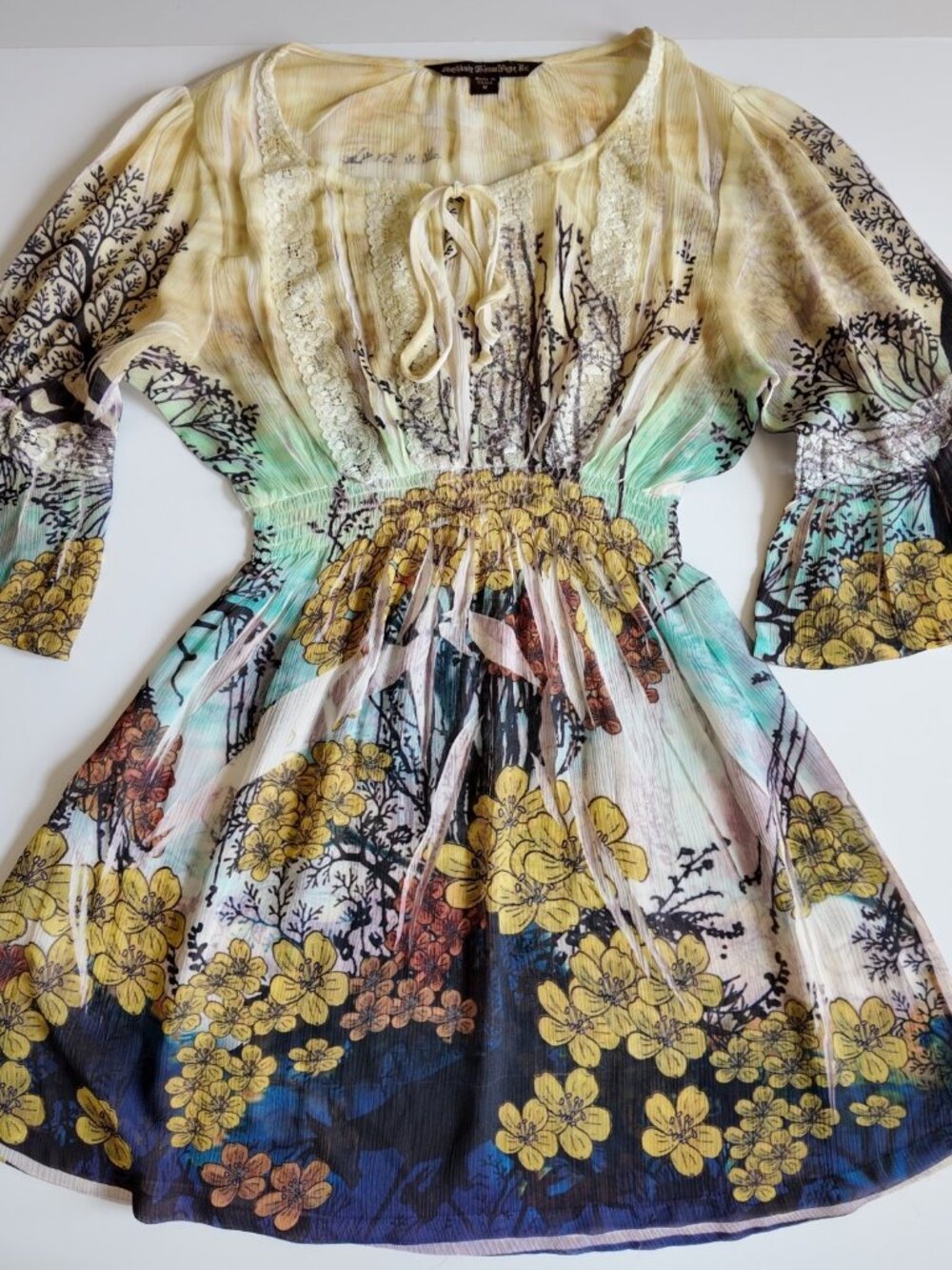 Y2K Mushka by Sienna Rose Tunic Top Medium M Floral Bell Sleeve Blouse BOHO